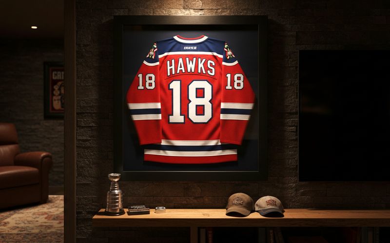a hawks framed hockey jersey on a wall