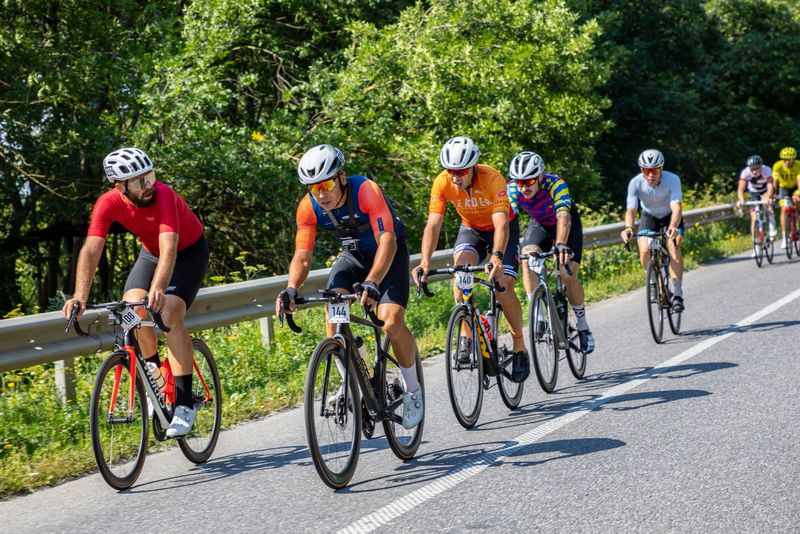 a group of cyclists on a road next to trees