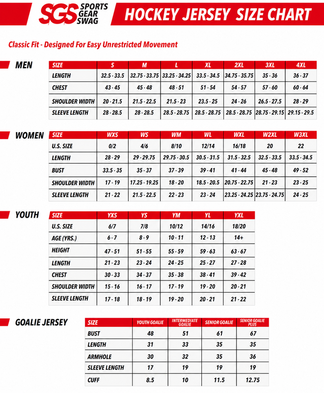 hockey jersey sizing chart for all ages