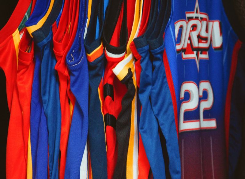 a collection of basketball jerseys on a clothing rail
