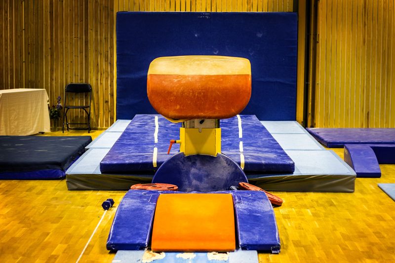 a gymnastics jumping horse and dusty gym mats