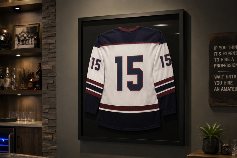 a frame hockey jersey on a wall behind a couch