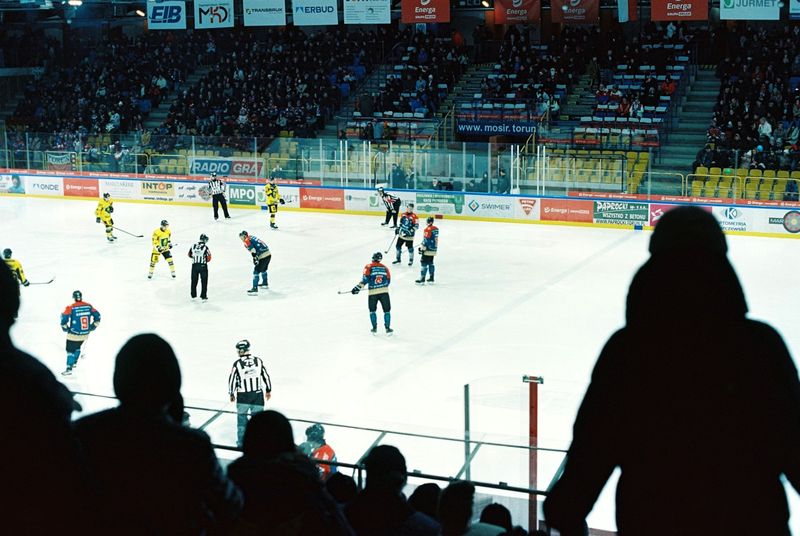 a hockey spectator standing up in the stands in front of the ice rink