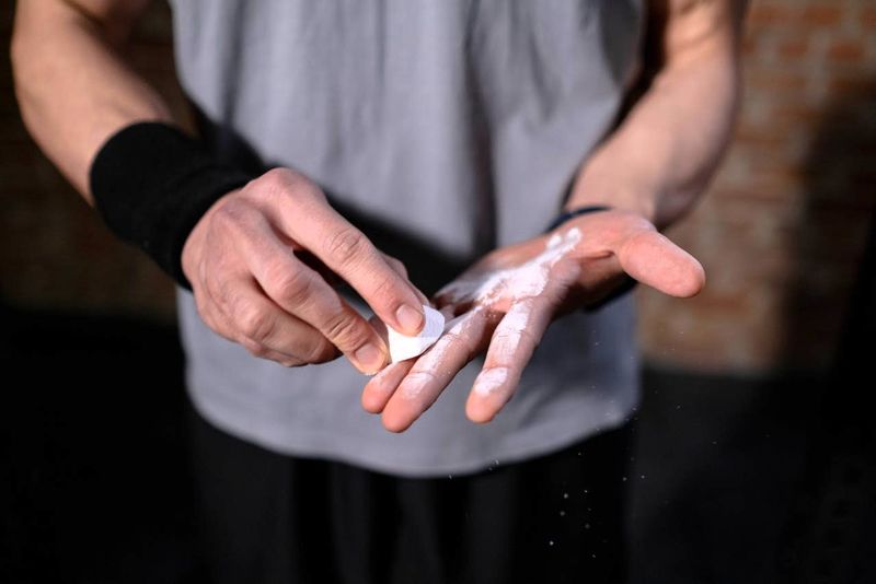 a male adult gymnast putting chalk on his left hand 