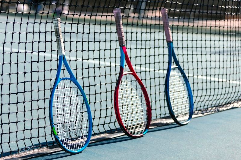 three tennis racquets leaning on a tennis net