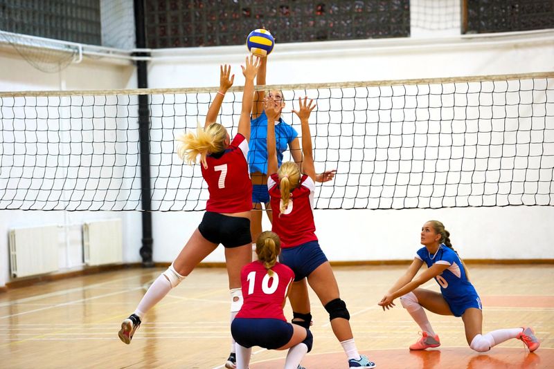 a volleyball game with red and blue teams