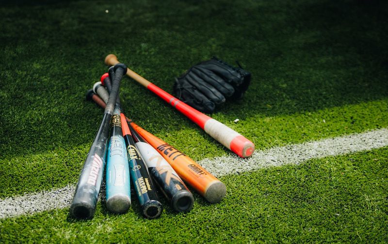 baseball bats next to a catcher mitt sitting on grass