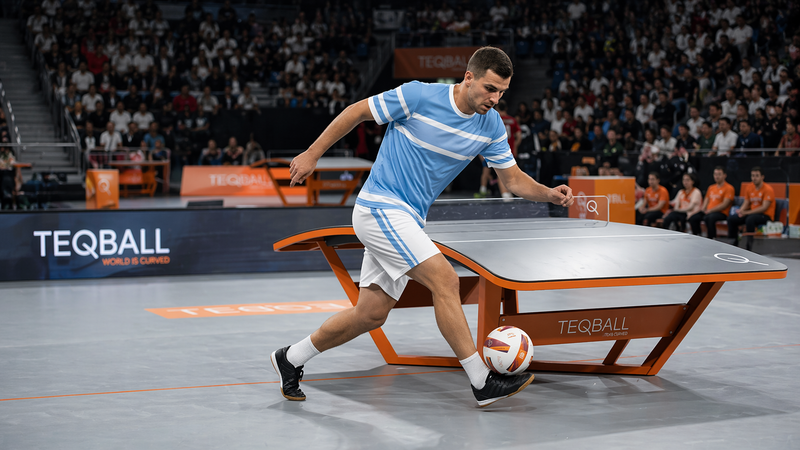 a male adult kicking a teqball at a teqball tournament