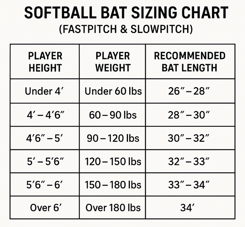 a softball bat sizing chart for heigh and weight
