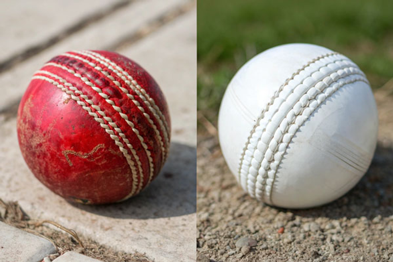 a red cricket ball compared to a white cricket call
