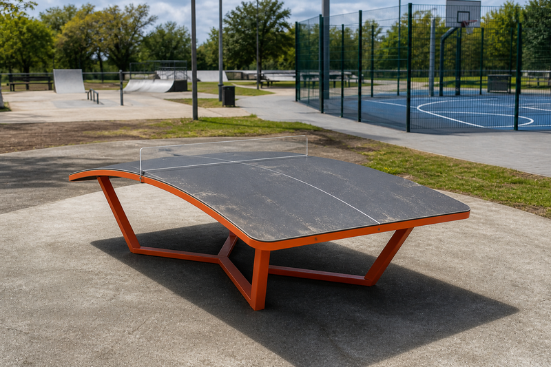 a teqball table outdoors next to a basketball court 