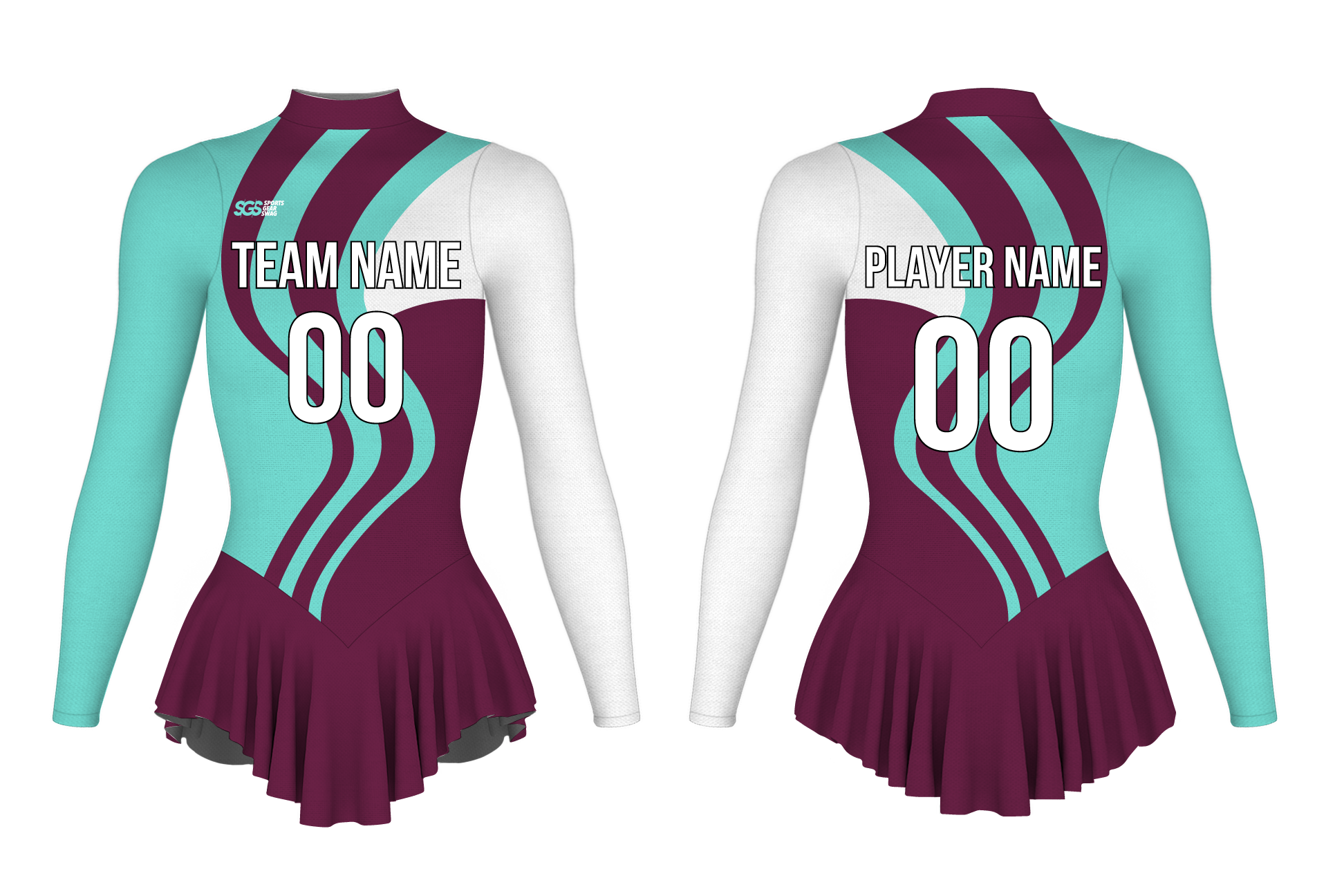 Custom figure skating long sleeve one piece uniform rouge twist adult youth pleated skirt - Figure-skating-one-piece-uniforms