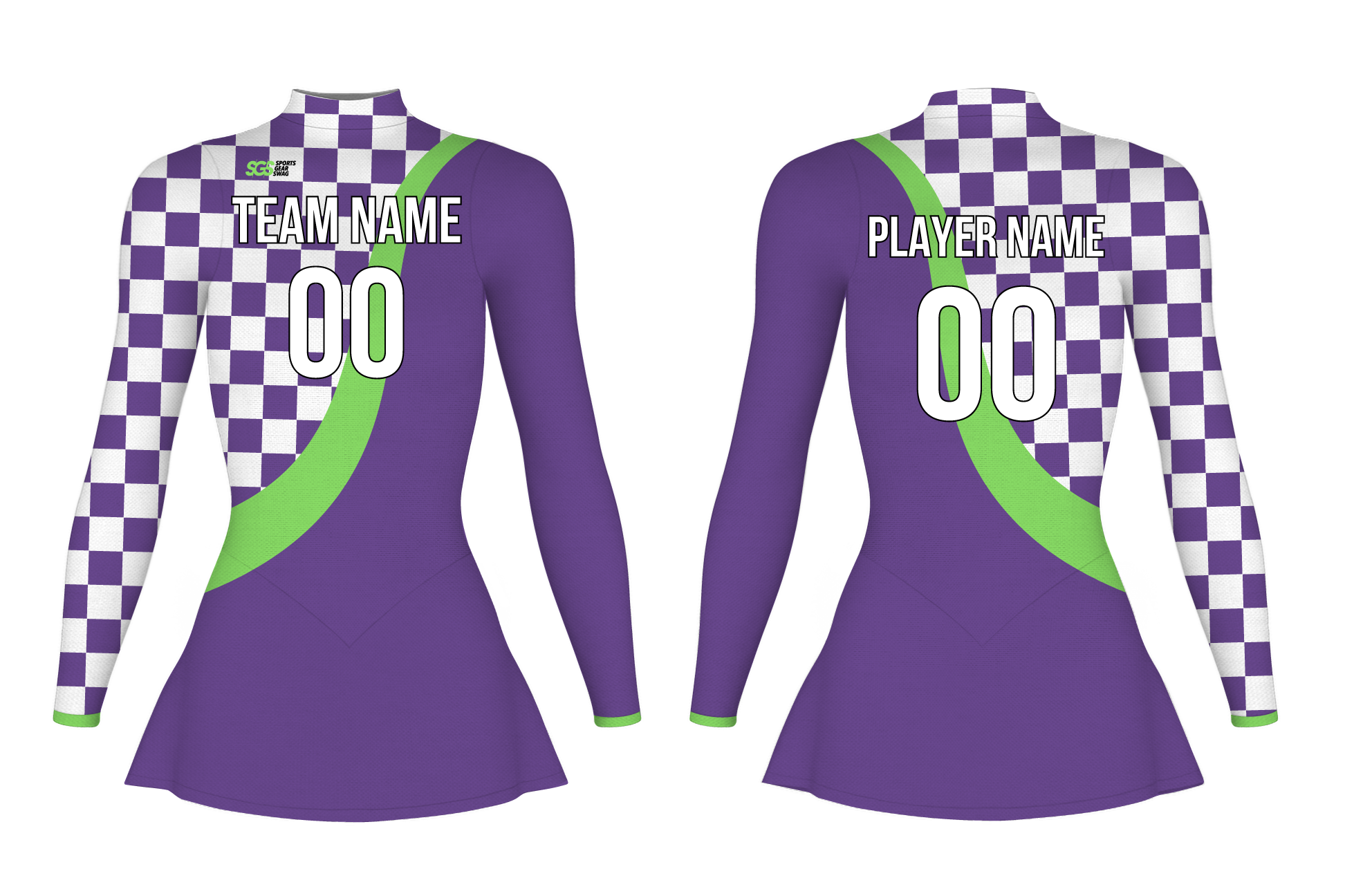 Custom figure skating long sleeve one piece uniform ice green noir adult youth plain skirt - Figure-skating-one-piece-uniforms