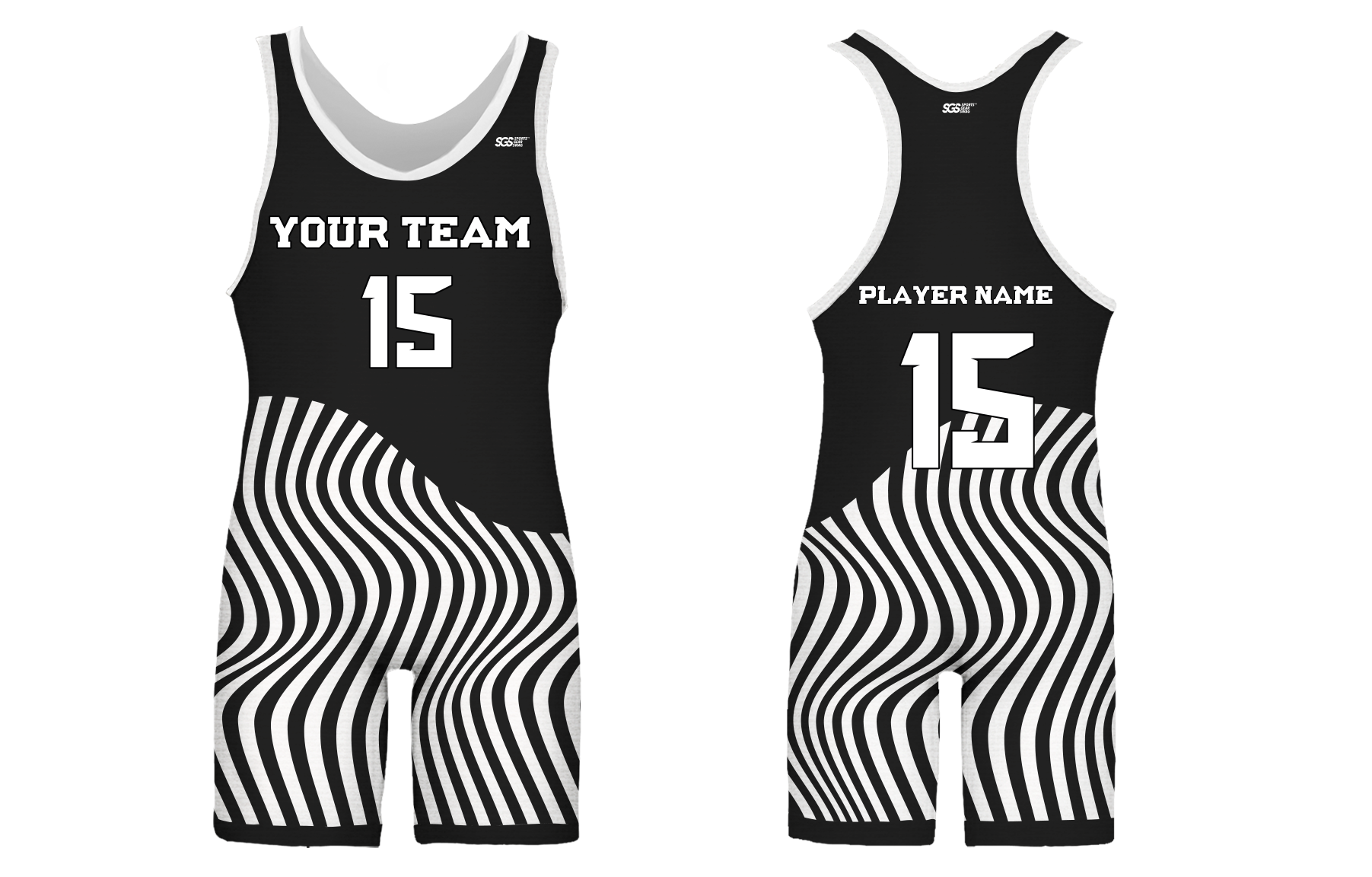 Custom adult youth unisex powerlifting suits black and white wave - Powerlifting-singlets