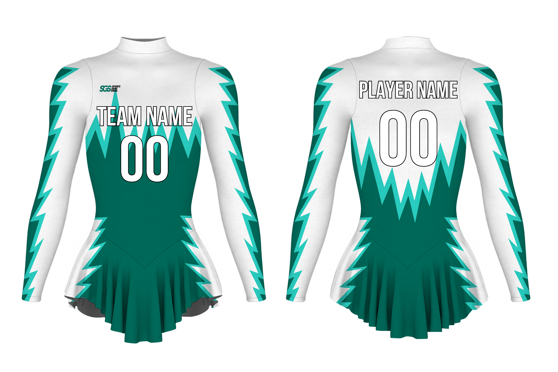 Custom figure skating long sleeve one piece uniform green flash adult youth pleated skirt - Figure-skating-one-piece-uniforms