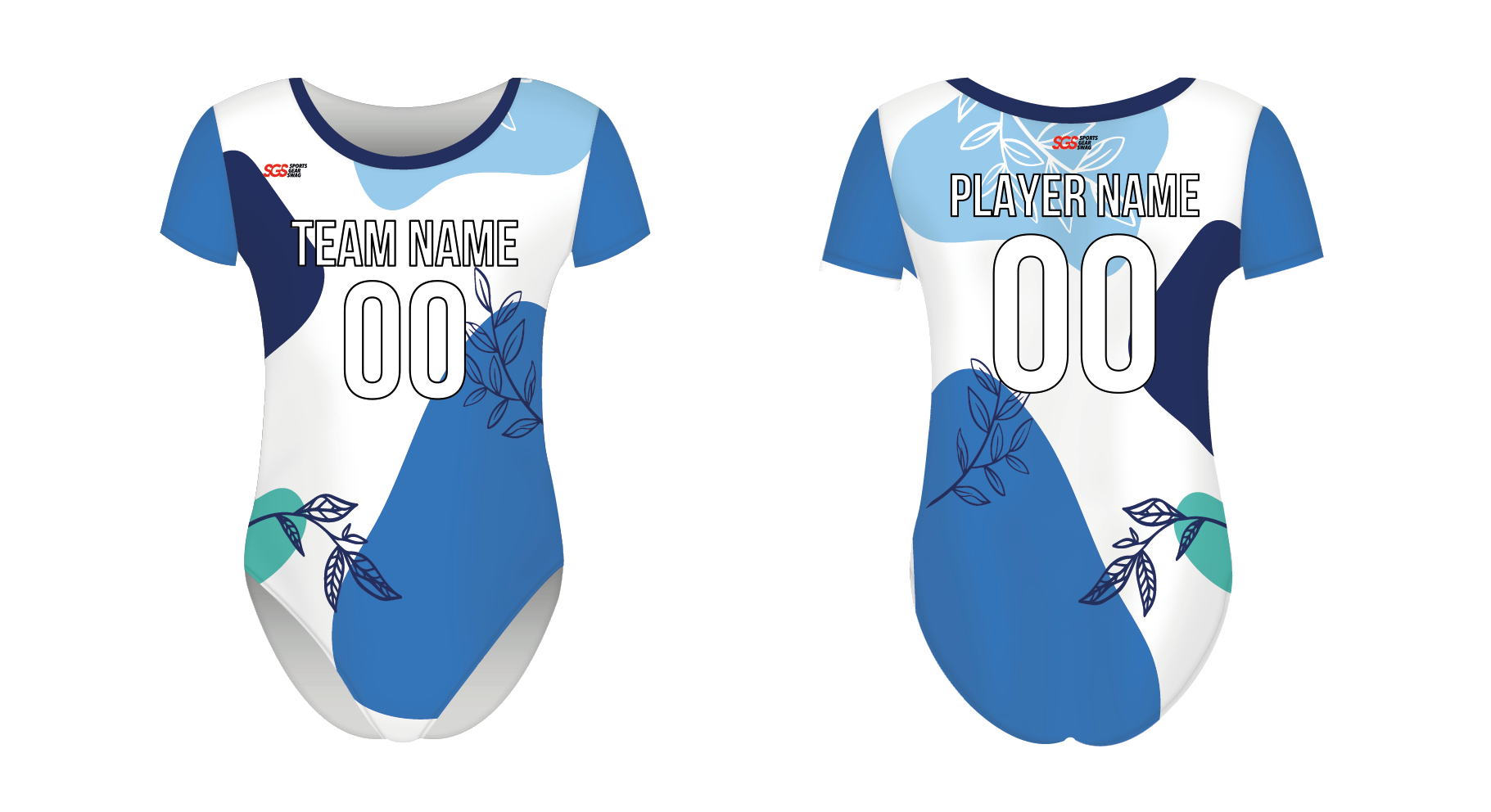 Custom women short sleeve one piece dance uniform blue leaf breeze - Dance-jerseys