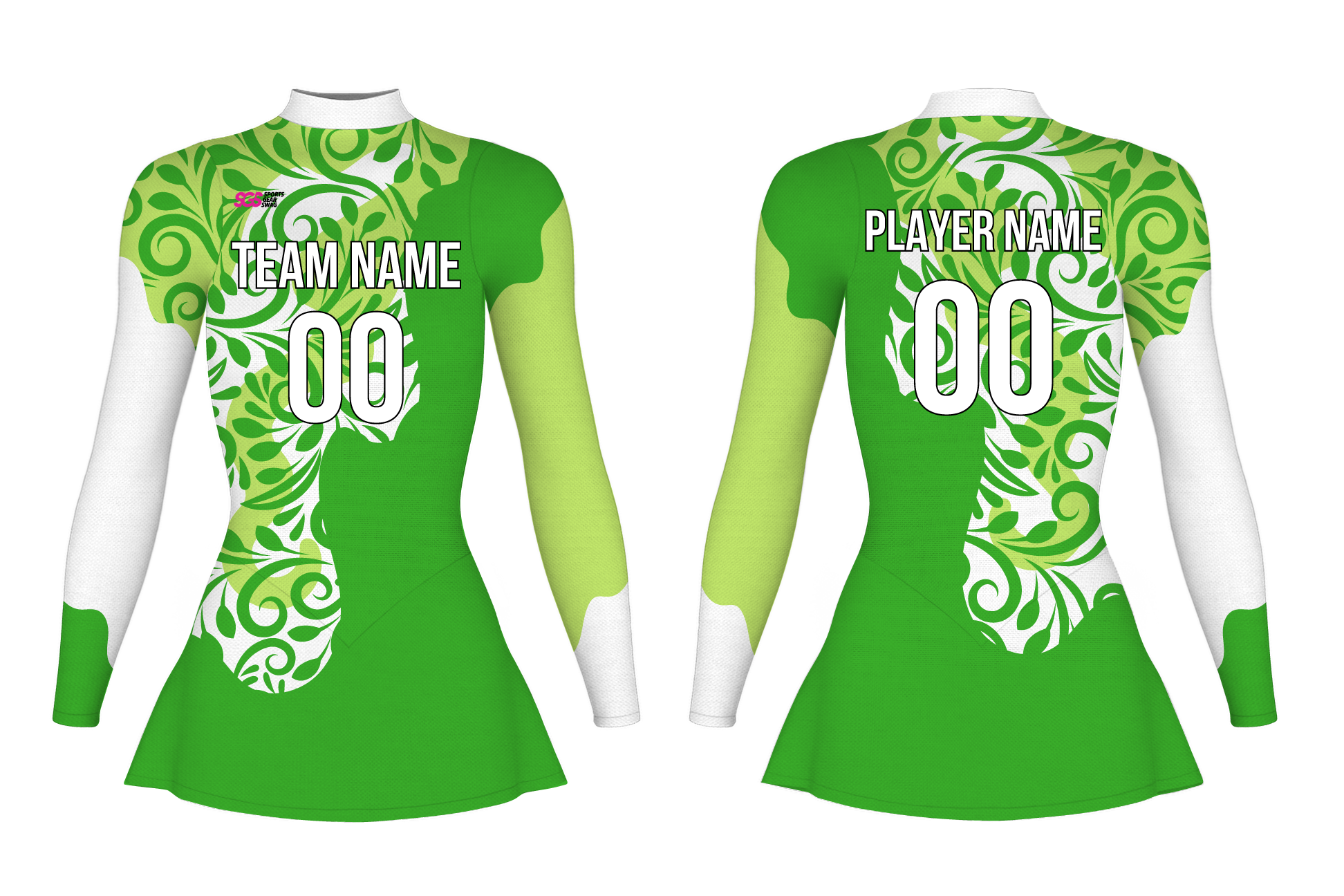 Custom Figure Skating Long Sleeve One Piece Uniform Emerald Bloom Adult Youth Plain Skirt - FIGURE-SKATING-ONE-PIECE-UNIFORMS