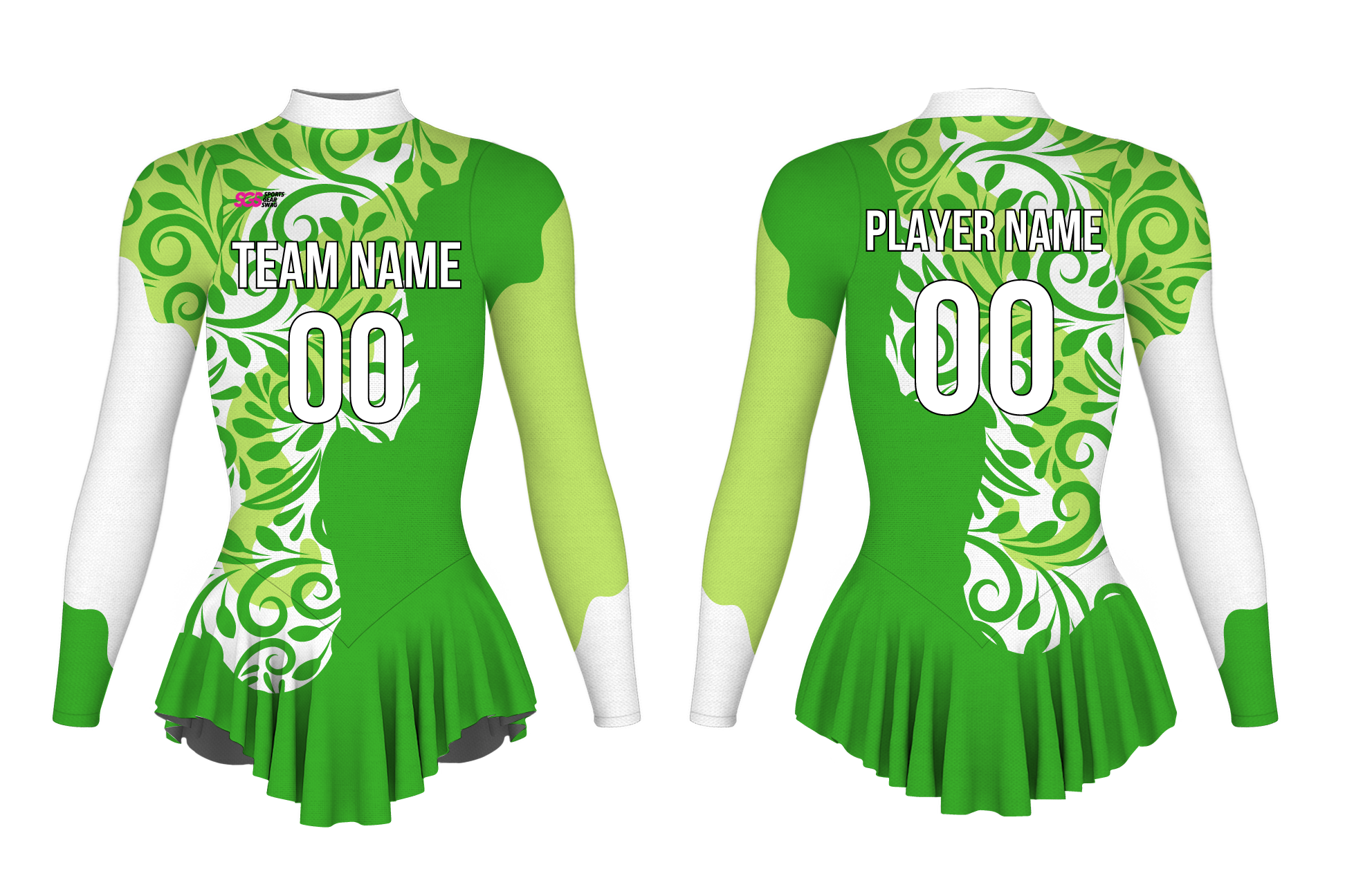 Custom figure skating long sleeve one piece uniform emerald bloom adult youth pleated skirt - Figure-skating-one-piece-uniforms