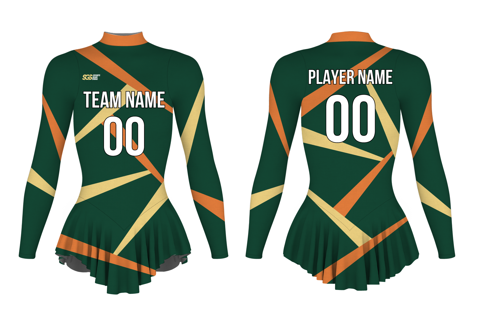 Custom figure skating long sleeve one piece uniform deep green ember adult youth pleated skirt - Figure-skating-one-piece-uniforms