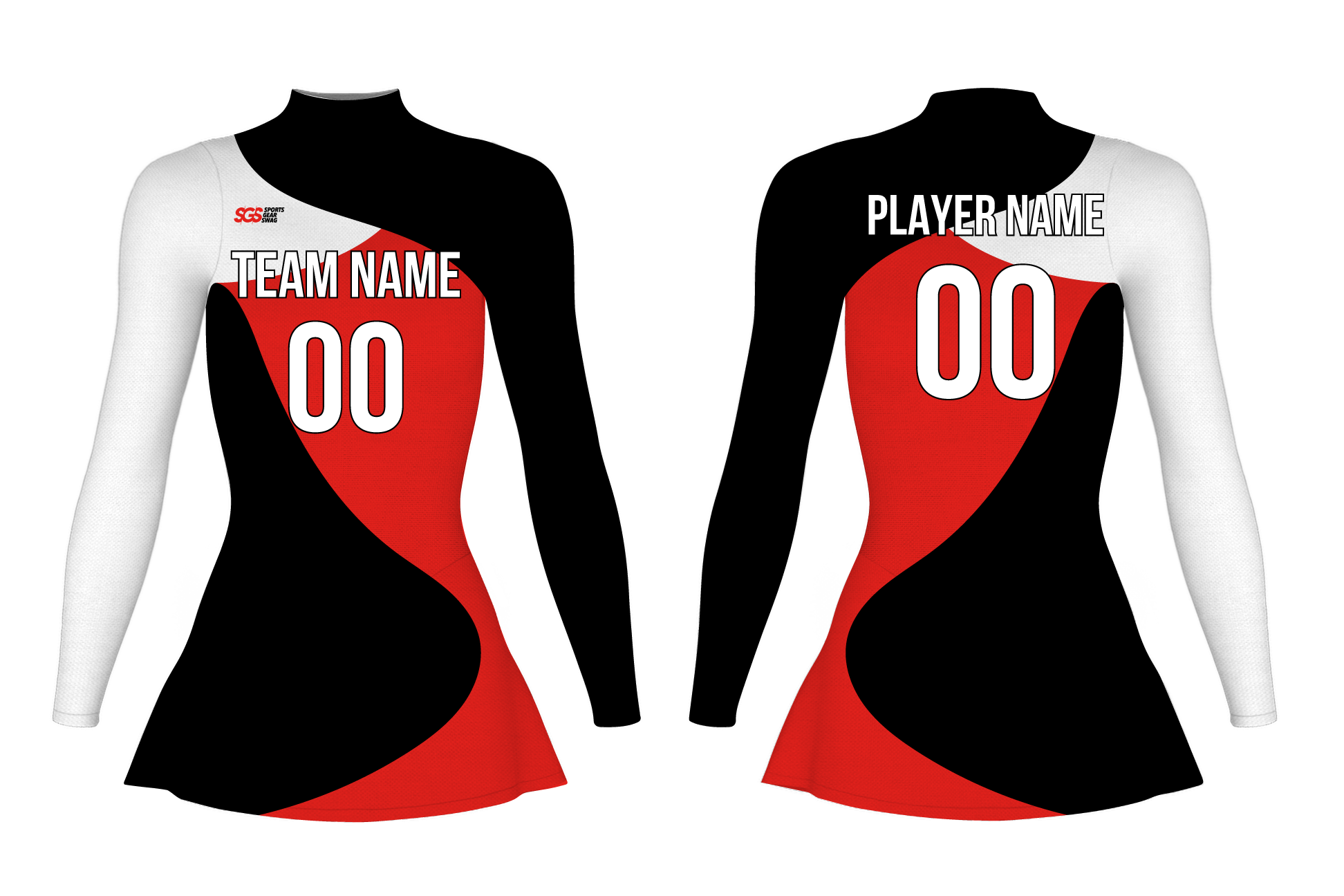 Custom figure skating long sleeve one piece uniform red glacial flair adult youth plain skirt - Figure-skating-one-piece-uniforms