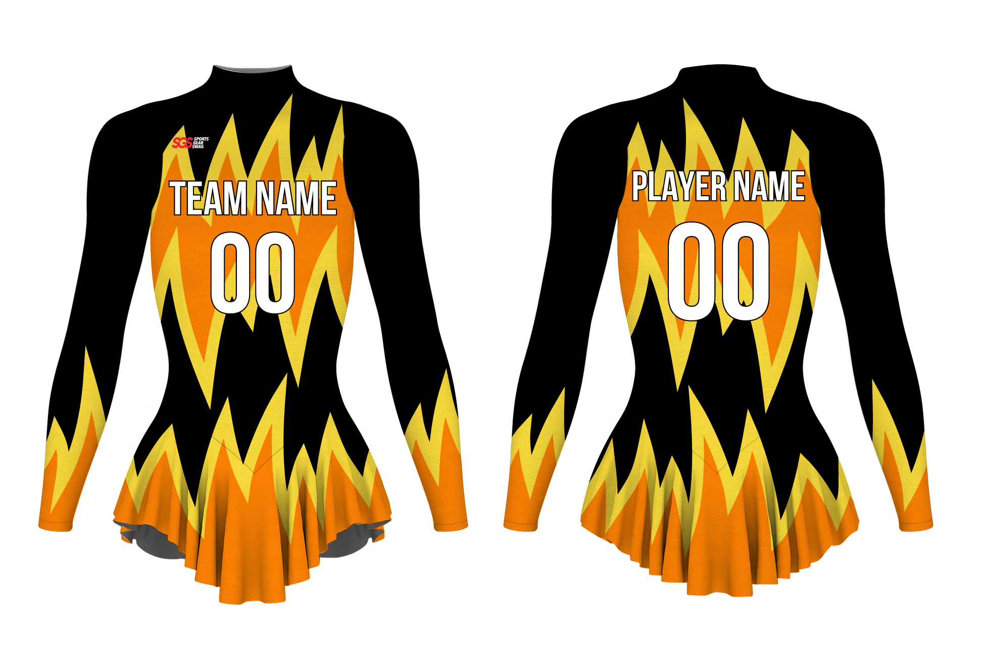 Custom figure skating long sleeve one piece uniform midnight flame adult youth pleated skirt - Figure-skating-one-piece-uniforms