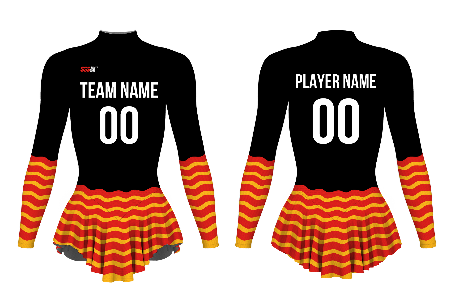 Custom figure skating long sleeve one piece uniform dark fire stripes adult youth pleated skirt - Figure-skating-one-piece-uniforms