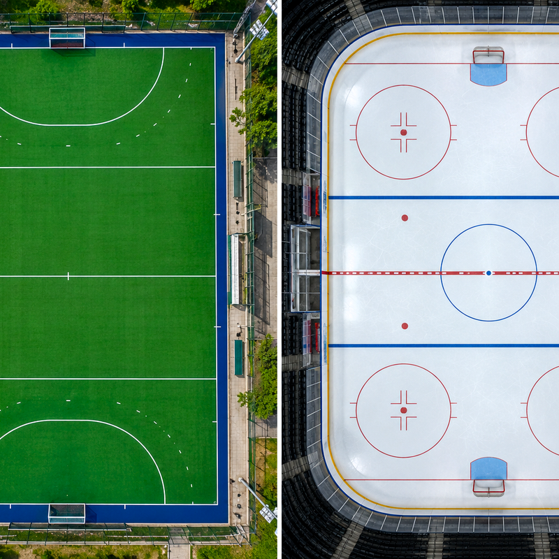 a split image showing a birds eye view of a field hockey pitch and an ice hockey rink