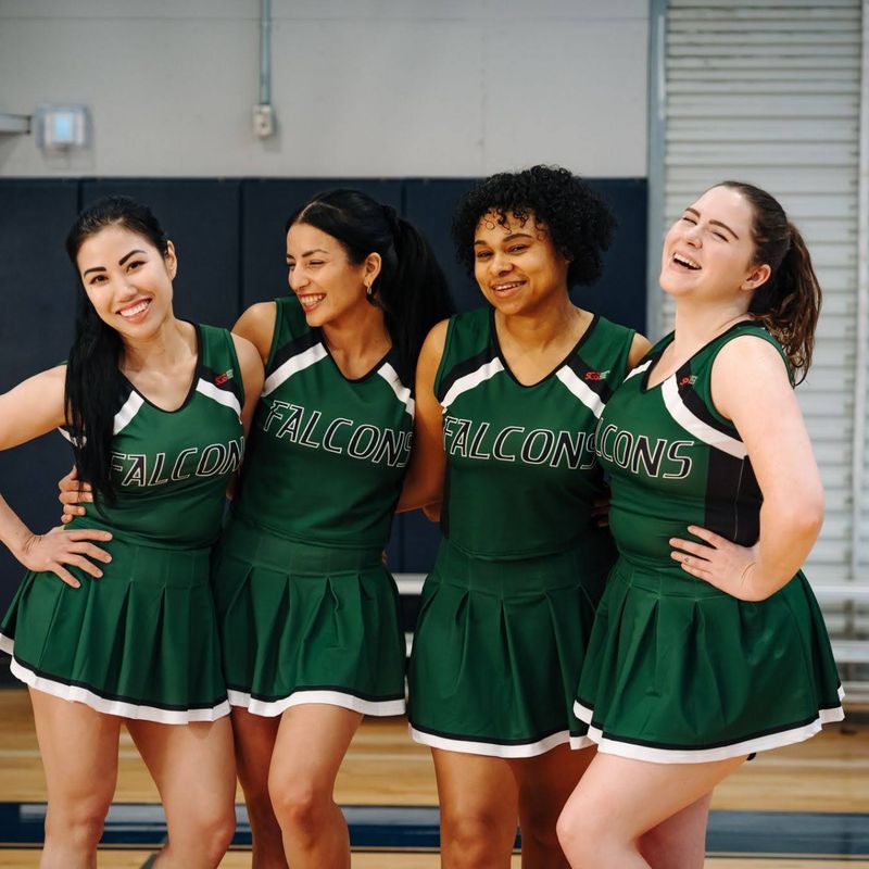 a group of four cheerleaders wearing green cheer uniforms