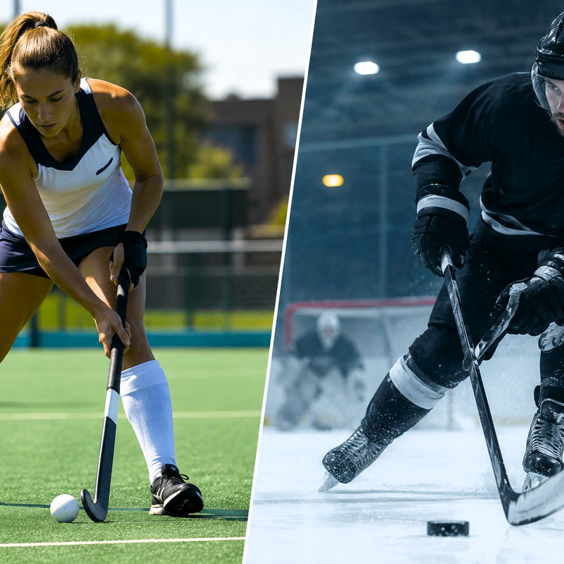 a split image showing a female field hockey athlete and an ice hockey athlete