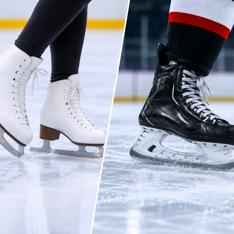 a split image showing ice skates and ice hockey skates