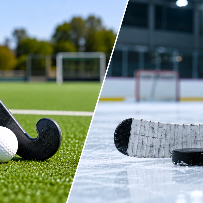 a split image showing a field hockey stick and ice hockey stick